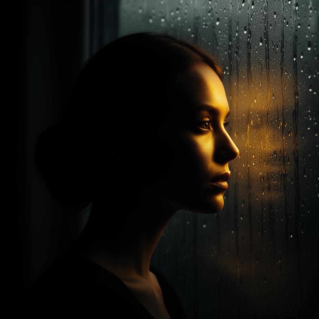 Mulher em silêncio observando a chuva